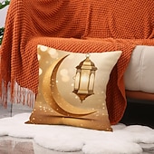 cheap Throw Pillows,Inserts &amp; Covers-Ramadan Eid Throw Pillow Cover, Gold Crescent Moon &amp; Oil Lamp Print, Ethnic Festival Decor, Sofa Cushion for Living Room and Prayer Room, Holiday Accent Pillow