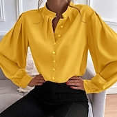 Недорогие Нарядные блузки-Жен. Рубашка Elegant Атласный верх Блуза Рюши Пэчворк Пуговицы Сплошной цвет Полотняное плетение Элегантный стиль Винтаж Повседневные Длинный рукав Рубашечный воротник Обычные топы