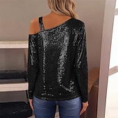 preiswerte Schicke Blusen-Damen Bluse Elegante Oberteile Pailletten-Oberteile Gerafft Pailletten Patchwork Einfarbig Einfach Elegant Vintage Stilvoll Langarm Asymmetrisch Normale Oberteile Täglich Arbeit Ausgehen Blau Schwarz