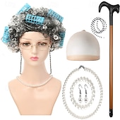 abordables Pelucas de fiesta-Peluca de anciana con rulos, collar de perlas, pendientes y bastón para mujeres y niñas, disfraz de abuela para cosplay de 100 días de escuela, accesorio para fiesta de Halloween