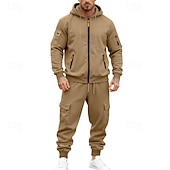 baratos Basic Tracksuits-Men's Hoodie Tracksuit Hoodie &amp; Pants Set Hoodie Daily Outdoor Vacation Daily Wear Drawstring Zip Up Plain Black Navy Blue Khaki Activewear Sports Fashion Fall