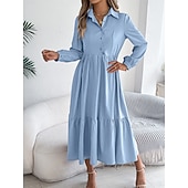 cheap Plain Dress-Women's Midi Dress A Line Dress Casual Daily Regular Fit Plain Long Sleeve Lapel Blue Navy Wine Green Spring