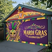 baratos Banners de Garagem e Porta-Carnaval Tampa da porta da garagem Grande pendurado Máscara Pena Luxo 3D De Festa Exterior Fundos de fotografia Porta de Entrada Baile de Máscara Decoração de casa