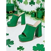  Sapatos mule de plataforma verdes femininos, sapatos de festa de cetim com bico aberto para o Dia de São Patrício.