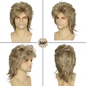 ieftine Peruci istorice-Peruci blond cenușiu pentru bărbați, costum, peruci amuzante din anii '80, perucă sintetică rezistentă la căldură, pentru cosplay de petrecere elegantă din anii '70