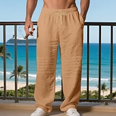 cheap Holiday-Men's Linen Pants Trousers Summer Pants Baggy Pants Beach Pants Drawstring Elastic Waist Solid Color Comfort Breathable Daily Outdoor Beach Vacation Fashion Light Khaki Black Inelastic