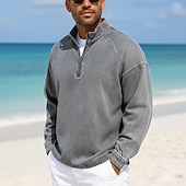 economico T-shirt in Cotone e Lino-Per uomo Camicia 100% cotone lavaggio acido Maglietta Manica Lunga Collo alla coreana Autunno &amp; Inverno Primavera Autunno Semplice Vintage Streetwear Casual Con zip Tinto in capo Sbiadito Casuale