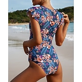 Χαμηλού Κόστους Rash Guards One Pieces-Γυναικεία Προστατευτικά Μαγιό Ολόσωμα κομμάτια Τροπικό Κουμπώσου Φαρδύ μανίκι Προστασία UV Υψηλή Ελαστικότητα Κοντομάνικο Μαγιό Σέρφινγκ Καταδύσεις Ψαροντούφεκο Καλοκαίρι