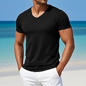 baratos Camisetas de Algodão e Linho-Homens Camiseta Camisas antiumidade Manga Curta Decote V Verão Primavera Tecido Esportes Básico Casual Estilo Clássico Puro Casual Branco Azul Claro Preto Top Tee para Homens