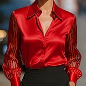 tanie Eleganckie bluzki-Damskie Koszula Elegancki Top satynowy Bluzka Z marszczeniami Oczko Guziki Równina Elegancja Zabytkowe damska Długi rękaw Kołnierzyk koszuli Zwykłe topy Codzienny Praca Święto Czarny Biały Czerwony