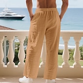 cheap Holiday-Men's Linen Pants Trousers Summer Pants Baggy Pants Beach Pants Drawstring Elastic Waist Solid Color Comfort Breathable Daily Outdoor Beach Vacation Fashion Light Khaki Black Inelastic
