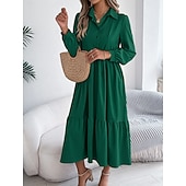cheap Plain Dress-Women's Midi Dress A Line Dress Casual Daily Regular Fit Plain Long Sleeve Lapel Blue Navy Wine Green Spring