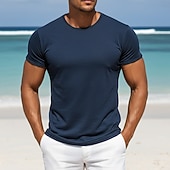 preiswerte Baumwoll-Leinen T-Shirts-Herren T-Shirt T-Shirt aus 100 % Baumwolle Kurze Ärmel Rundhalsausschnitt Sommer Frühling &amp; Herbst Einfach Texture Mode Designer Basic Klassicher Stil Lässig Urlaub Straße Blau Schwarz Weiß Top