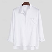 お買い得  クラシック-男性用 シャツ リネンシャツ ポップオーバー シャツ サマーシャツ ビーチシャツ 平織り カジュアル バケーション ブラック ホワイト ライトグリーン ブラウン 長袖 Band Collar 夏 春 衣類 ポケット