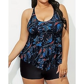 abordables Surf Tankinis &amp; Bikinis-Femmes Maillot de bain 2 Pièces Tankini grande taille Tropical Ultra Léger (UL) Contrôle du ventre Élastique Sans manches Maillot de Bain Surf Plongée en apnée Été