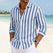 economico Vacanza-Per uomo Camicia Camicia di lino Camicia Estiva Camicia da Spiaggia Camicia in cotone e lino Camicie a righe A righe Casuale Abbigliamento casual alla moda Blu Rosa Verde Cachi Manica Lunga Collo
