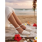 ieftine Femei-Sandale plate de damă, tip espadrilă, din dantelă albă – pantofi boho pentru domnișoare de onoare pentru nunți pe plajă, design confortabil croșetat, cu vârful închis, pentru ceremonii în aer liber