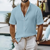 voordelige Vakantie-Voor heren Linnen overhemd Zomer overhemd Strand Kleding Overhemd met knopen Effen Casual Vakantie Zwart Wit Lichtgroen Blozend Roze Korte mouw Strijkijzer Zomer Kleding