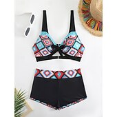 billige Bikinisett-Dame Bikini 2 Delt Badedrakt Boho Shorts Slim Uten Rygg Ferie Strand Bekledning Fargeblokk Geometrisk V Hals Uten Ermer Badedrakter