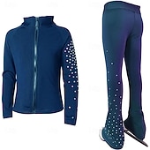 preiswerte Eiskunstlauf Trainingsoutfit-Eiskunstlaufjacke mit Hose, Damen- und Mädchen-Eiskunstlaufbekleidung, schwarz, dehnbar, Trainings- und Wettkampfbekleidung, wärmend, mit Kristall-/Strasssteinen besetzt, langärmlig, Eiskunstlauf