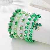  5-Piece St. Patrick's Day Green Bracelet Set, Multi-Layer Elastic Bracelets with Acrylic & Wood Heart Beads and Shamrock Charms, Unisex Irish Festival Party Jewelry Gift