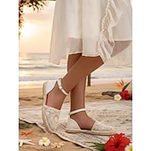 ieftine Femei-Sandale plate de damă, tip espadrilă, din dantelă albă – pantofi boho pentru domnișoare de onoare pentru nunți pe plajă, design confortabil croșetat, cu vârful închis, pentru ceremonii în aer liber