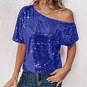 preiswerte Schicke Blusen-Damen Sommeroberteile Bluse Elegante Oberteile Pailletten-Oberteile Gerafft Pailletten Patchwork Einfarbig Einfach Elegant Vintage Damen Kurzarm Schulterfrei Normale Oberteile Täglich Arbeit Ausgehen