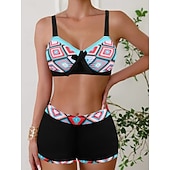 billige Bikinisett-Dame Bikini 2 Delt Badedrakt Boho Shorts Slim Uten Rygg Ferie Strand Bekledning Fargeblokk Geometrisk V Hals Uten Ermer Badedrakter
