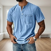 cheap Casual Henley Tee-Men's Henley Shirt 100% Cotton Acid Wash Shirt T shirt Tee Short Sleeve Solid Retro Vintage Casual Vintage Style Washed Henley Casual Summer Spring Fall Black Pink Light Green Henley T-Shirt