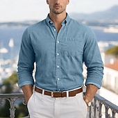 baratos camisa de botão masculina-Homens Camisa Social Camisa casual camisa de botão Azul Marinha Caqui Cinzento Azul Claro Manga Longa Tecido Lapela Casual Diário Bolso frontal Roupa Elegante Moda Casual