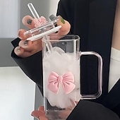 Недорогие Стаканы, чашки, бокалы-400 мл  14 унций стеклянная кружка с трубочкой и ручкой термостойкий прозрачный розовый дизайн с бантом многоразовая бутылка для воды для дома офиса поездок подарков ко Дню святого Валентина и