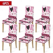 رخيصةأون غطاء كرسي الطعام-غطاء كرسي طعام مطاطي لعيد الحب، بنقشة مربعات الجاموس باللونين الأسود والأبيض مع قلب وقوس على مسند الظهر، غطاء كرسي شتوي قابل للإزالة والغسل للمنزل والمطعم والمطبخ وغرفة المعيشة (1/4/6 قطع)