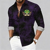 זול דפוס אתני-חולצת מרדי גרא לגברים עם צווארון כפתורים - עיטור מסכה גרפי בסגנון קרנבל