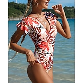 Χαμηλού Κόστους Rash Guards One Pieces-Γυναικεία Προστατευτικά Μαγιό Ολόσωμα κομμάτια Τροπικό Κουμπώσου Φαρδύ μανίκι Προστασία UV Υψηλή Ελαστικότητα Κοντομάνικο Μαγιό Σέρφινγκ Καταδύσεις Ψαροντούφεκο Καλοκαίρι