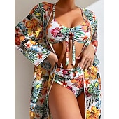 halpa 3 kpl bikinisetti-Naisten bikinit 3-osainen uimapuku palm alushousut slim selkä avoin lomaranta-asu kukkakuviolla lehtikuvio pyöreä kaula-aukkoinen hihaton uimapuku