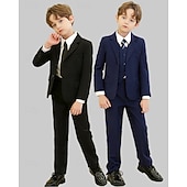 cheap Ring Bearer Suits &amp; Outfits-5 Pieces Ring Bearer Suit Boys' Kids Suit Blazer &amp; Vest &amp; Pants &amp; Shirt &amp; Tie Boy's Formal Suit Casual Outdoor Party Fashion Cool Basic Solid Color Pocket Buttons Black Navy Blue Polyester