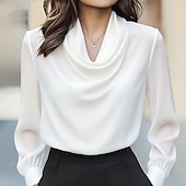 tanie Eleganckie bluzki-Damskie Koszula Elegancki Top satynowy Bluzka Z marszczeniami Niejednolita całość W fałdki Jednokolorowe Równina Elegancja Zabytkowe damska Długi rękaw Wysoki Zwykłe topy Codzienny Praca Święto