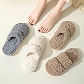 お買い得  ホームスリッパ-女性用ふわふわコットンスリッパ、室内用、ダブルストライプ、オープントゥ、ソフトファー、ハウススリッパ、心地よく暖かい履物