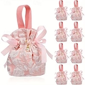 abordables Cadeaux-Lot de 6 élégants sacs cadeaux à cordon coulissant, à motif floral et poignées - rose pâle - parfaits pour les mariages, anniversaires, fêtes prénatales - fermeture sécurisée - idéaux pour les cadeaux