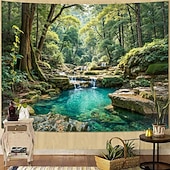billige landskapsteppe-rolig skogbekk-teppe, fosser og krystallklart tjern, beroligende veggkunstdekor til hjemmet, perfekt som aksent på soverommet eller stuen