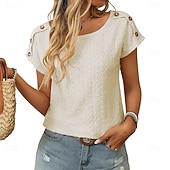 economico T-shirt semplice-Per donna Maglietta T-shirt con ricamo a occhielli Patchwork Traforato Bottoni Classico Casual Manica Corta Manica a pipistrello Girocollo Top Regolari Quotidiano Weekend Nero Bianco Verde chiaro