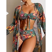 halpa 3 kpl bikinisetti-Naisten bikinit 3-osainen uimapuku palm alushousut slim selkä avoin lomaranta-asu kukkakuviolla lehtikuvio pyöreä kaula-aukkoinen hihaton uimapuku