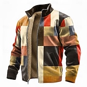 preiswerte Geometrisches Muster-Herren Geometrisch Karomuster Fleece Jacke Pullover Mode Täglich Einfach Lässig Stehkragen Reißverschluss Outdoor Urlaub Geschenk Ausgehen Blau Rote Braun Grau Tasche Reißverschluss vorne Herbst