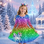 billiga Enhörningsklänning i 3D-Flickor 3D Grafisk Anime Klänning Långärmad 3D-tryck Vår Höst Prestanda Semester Fest Ledigt Prinsessa Skön Barn 4-12 år Vardagsklänning A linjeklänning Knälång Normal