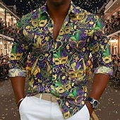 זול דפוס אתני-קרנבל בגדי ריקוד גברים גראפי מסכה עם נוצות חולצה חולצה עם כפתורים חולצת חוף שרוול ארוך הוואי יום יומי נוח חופשה חגים מארדי גרא קיץ אביב צווארון מתקפל מדפיס סגול
