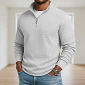 Недорогие Вафельная трикотажная футболка-Муж. Вафельный тройник Футболка Футболка с четвертью молнией Длинный рукав Воротник-стойка Осень Зима Весна &amp; осень Сплошной цвет Клетчатый Вязаная одежда Повседневные На каждый день Застегнуться
