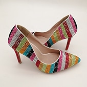 cheap Classic Pumps-Women's Multicolor Rhinestone High Heels - Sparkling Striped Pointed Toe Pumps for Parties, Celebrations, and Special Events