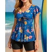 رخيصةأون تنجيد السباحة وبيكيني-نسائي ثوب السباحة قطعتين لباس السباحة مطبوع V-neck كم واسع حماية UV مطاط كم قصير ملابس السباحة تزلج على الماء شاطئ سباحة الصيف