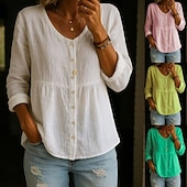 abordables Camisas-Blusa de Algodón y Lino para Mujeres Botones Color Sólido Elegante Casual Manga Larga Cuello en V Tops Regulares Diario Blanco Amarillo Rosa Verde Verano Primavera Otoño