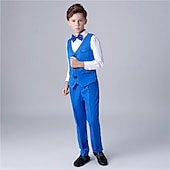 abordables Costumes et Tenues de Porteur d'Anneau-Costume de garçon d'honneur 4 pièces avec gilet &amp; chemise  &amp;Pantalon garçon, costume habillé décontracté, tenue de soirée tendance pour les fêtes en extérieur, basique et élégant, couleur unie bleu,